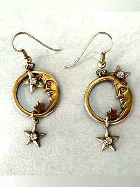 Adorable Goldtone Celestial Earrings, Stars, Man-in-the-Moon, Crystals